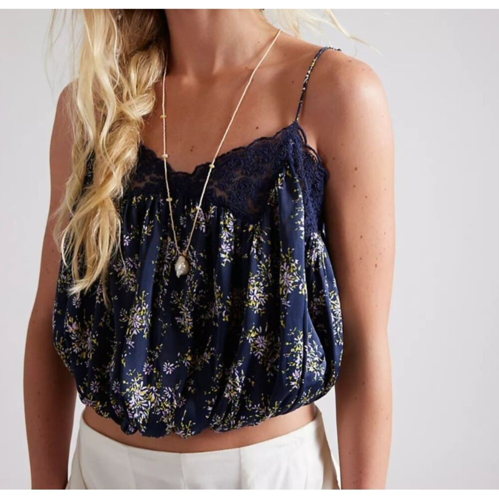 Free People Blair Bubble Cami Blouse Top Embroidered Lace Floral Print M 291460